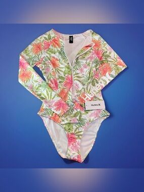 Hurley Floral Long-Sleeve One-Piece Swimsuit - Pink, Green, White